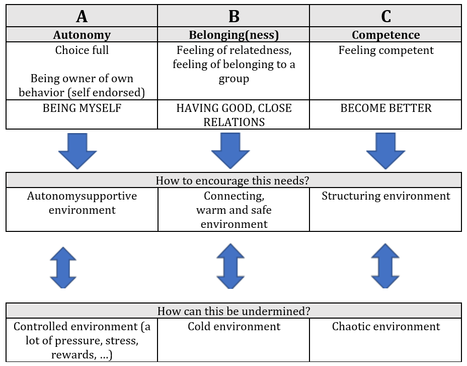 Figure 2: ABC of the selfdetermination theory, inspired by Aelterman, De Muynck, Haerens & Vande Broek (2017)